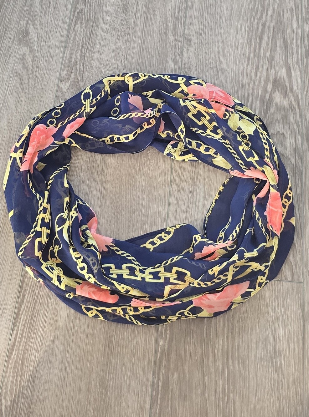 Susan Graver Navy Blue Gold Chain & Pink Rose Floral Infinity Scarf One Size OS